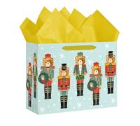 Loveinside Grand sac cadeau de Noël en forme d'ours casse-noisette de 33 cm, sac cadeau en forme de soldat et de flocon de neige bleu clair avec papier de soie pour enfants, garçons - 13" x 5" x 10"