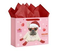 Loveinside Grand sac cadeau de Noël pour chien de 33 cm, motif bouledogue français rose, chapeau de Père Noël et lunettes de soleil, sac cadeau avec papier de soie pour enfants - 13" x 5" x 10"
