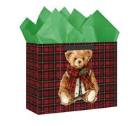 Loveinside Grand sac cadeau ours de Noël vintage de 13 pouces, sac cadeau de vacances à carreaux rouges et verts avec papier de soie pour enfants garçons filles, amis, famille, - 13" x 5" x 10"