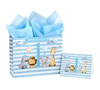Loveinside Grand sac cadeau pour 1er anniversaire de bébé garçon de 33 cm avec carte et papier de soie - Bleu ciel adorable motif animal de la jungle pour anniversaire de garçon