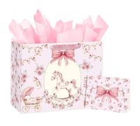 Loveinside Grand sac cadeau pour bébé fille de 13 pouces avec papier de soie et carte de vœux, motif cheval à bascule floral rose pour fête prénatale, nouveau-né, premier - 13" x 5" x 10"