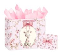 Loveinside Grand sac cadeau pour bébé fille de 13 pouces avec papier de soie et carte de vœux, motif girafe florale rose pour fête prénatale, nouveau-né, premier anniversaire et - 13" x 5" x 10"