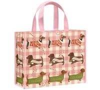 Loveinside Grand sac cadeau réutilisable pour chien de Noël de 33 cm, motif teckel rose et motif vichy, sac cadeau recy vec poignées pour enfants filles, amoureux des animaux - 13" x 5" x 10"