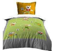 Lovely CASA - Parure Housse de Couette + 1 taie d'oreiller - Taille 140x200cm - 100% Coton - Modèle Maracana - Vert - Enfant - Garçon - Football - Ballon - Match - Jungle, 140x200