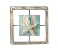 LOVIVER Décoration Murale Côtière Panneau Mur Bois Relief Carré Plaque Murale Art Mural Panneau Carré sur Fond Rayé en Bois de, Cadre En Bois Carré Rétro Avec Étoile De Mer