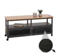 Lowboard Hwc-N28, Meuble Tv, Roulettes 2 Compartiments, Structure 3d Industrielle Rétro Métal Bois 55x130x36cm Noir, Naturel Multicolore