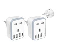 Loydia Lot de 2 adaptateurs de voyage européens, adaptateur de prise européenne 5 en 1 avec 4 ports USB, adaptateur de voyage UK vers UE, adaptateur de prise européenne de type E/F Schuko mise à la
