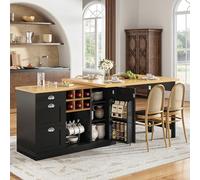 LPdorbe Îlot de Cuisine Extensible Noir avec Table de Bar Pivotante 360°, Desserte de Cuisine équipée d’Un Porte-Bouteilles, Tiroir et Étagères, Meuble Multifonction en MDF