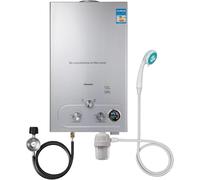 LPG Chauffe-eau instantané au gaz liquide 10 l 20 kW LPG sans réservoir avec pommeau de douche galvanisé et tuyau de douche pour salle de bain, cuisine, camping-car (argenté, 10 l)