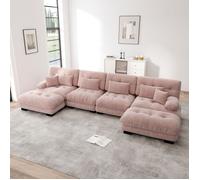 LPOSPI Canapé Panoramique En U 4 Places Modulable avec Ottomans Mobiles - LPOSPI - Assise Profonde, Chenille Vintage Rose