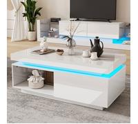 LPOSPI Ensemble meuble tv 181 cm, blanc haut brillant avec led, table basse blanche avec led, panneau de particules