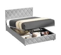 LPOSPI Lit boxspring 140x200 cm, tête à boutons, coffre hydraulique, sommier bois-métal - sans matelas - gris clair