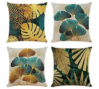 Lppoode Housses de Coussin 35x35 cm Feuilles Bleues dorées Taie Oreiller Lot de 4 en Coton et Lin Décoratif Canapé Housses de Coussin Carré Taie d'oreiller pour Canapé Maison Salon Chambre Décoration