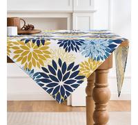 LRartdeco Chemin Table Jaune Bleu Dahlias Nappe Automne Moderne Chemin de Table de Cuisine en Intérieur Décor de Fête/Vacances Tablecloth Imperméable Anti Tache Carré Décoration 100 x 100 cm