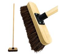 LS Balai de jardin robuste de 25,4 cm avec manche en bois, poils rigides naturels et support en métal, nettoyage et balayage extérieurs (lot de 1, poils de bassine naturels rigides de 25,4 cm)