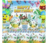 LSJDEER Décorations de fête d'anniversaire en forme d'insectes, fournitures de fête, assiettes, gobelets, serviettes, nappe, toile de fond joyeux anniversaire, ballons, décorations de gâteau pour cla