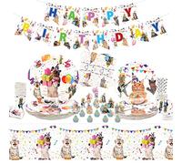LSJDEER Ensemble de décorations pour fête d'anniversaire de chat - Vaisselle pour chaton - Joyeux anniversaire Bannière Assiettes Serviettes Tasses Nappes Multicolore Grande