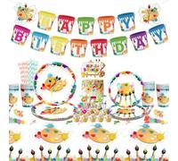 LSJDEER Fournitures d'Art pour Fête d'Anniversaire - Assiettes, Tasses, Serviettes, Paille, Bannière Happy Birthday, Ballon pour Peinture - 20 Invités