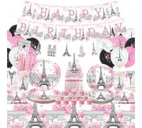 LSJDEER Paris Tour Eiffel Décorations de fête d'anniversaire, assiettes, tasses, serviettes, nappe, bannière Happy Birthday, ballons pour décorations de fête à thème paris, serves 20