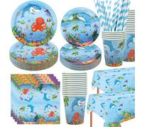 LSJDEER, Under The Sea Party Supplies - Vaisselle Ocean Sea Party - Assiettes à dîner Assiettes desserts Tasses Serviettes Nappe Pailles pour décorations d’anniversaire du monde sous-marin
