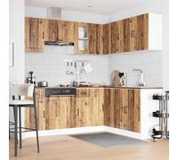 Lucca Lot de 11 armoires de cuisine aspect bois vieilli | Bois et verre | Largeur 30-80 cm | avec pieds réglables | Pour cuisines encastrées | Avec meuble sous évier, élément d'angle et armoires