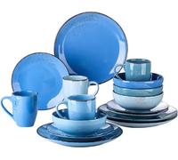 Lucenzo Service 16 pièces - Céramique - Assiette plate, profonde & assiette à déjeuner - 12 personnes - Mix Bleu