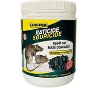 LUCIFER Raticide et lutte souris - Maïs concassé brodifacoum 0,001% - 140 g - 7 sachets Couvercle blanc, fond d’étiquette sombre