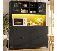 luckdect Buffet Cuisine 140 x 180 cm, Meuble Cuisine Rangement Multifonction, Armoire Cuisine, Vaisselier avec LED RGB, 4 Tiroirs et Étagères Réglables pour Salle à Manger et Salon, Noir
