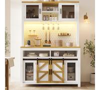 luckdect Buffet de Cuisine Haut 174,5 cm avec Plan de Travail, LED RGB, USB et Prise Intégrée, Panneau Perforé, Portes Coulissantes et Rangements Multifonctions, Blanc-1