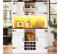 luckdect Buffet de Cuisine Haut Vaisselier, avec Porte-Bouteilles 12 Cases et Étagères Réglables, LED RGB Multi-Modes Style Grange, Rangement Fermé Ouvert pour Cuisine Salle à Manger, Blanc
