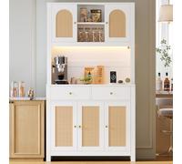 luckdect Buffet Haut Cuisine 5 Portes en Rotin 2 Tiroirs 180cm, Meuble Rangement LED RGB App Contrôlable, 2 Prises AC 2 USB, Style Bohème, Anti-Basculement, Blanc, 100 x 40 x 180 cm