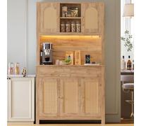 luckdect Buffet Haut Cuisine 5 Portes en Rotin 2 Tiroirs 180cm, Meuble Rangement LED RGB App Contrôlable, 2 Prises AC 2 USB, Style Bohème, Anti-Basculement, Naturel, 100 x 40 x 180 cm
