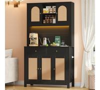 luckdect Buffet Haut Cuisine 5 Portes en Rotin 2 Tiroirs 180cm, Meuble Rangement LED RGB App Contrôlable, 2 Prises AC 2 USB, Style Bohème, Anti-Basculement, Noir, 100 x 40 x 180 cm