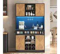 luckdect Buffet Haut Cuisine Vaisselier 180cm, Porte-Verres Porte-Bouteilles, Armoire Rangement Cuisine avec LED RGB App, 2 Prises AC 2 USB, Bicolore Effet Bois Naturel & Noir, Anti-Basculement