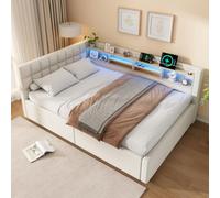 luckdect Canapé Lit 140x200 Beige, Coffre Hydraulique, Étagères, LED Dimmable & USB, Tête de Lit Réversible, Banquette Tissu Lin, Multi-Usage Salon Chambre Bureau, sans Matelas