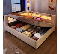 luckdect Canapé Lit 140x200 Beige, Coffre Hydraulique, LED Pilotable Tactile/Appli, Ports USB & USB-C, Banquette Tissu Lin Multifonction, Chambre Salon Studio Ami, sans Matelas