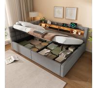 luckdect Canapé Lit 140x200 Gris, Coffre Hydraulique, Étagères, LED Dimmable & USB, Tête de Lit Réversible, Banquette Tissu Lin, Multi-Usage Salon Chambre Bureau, sans Matelas