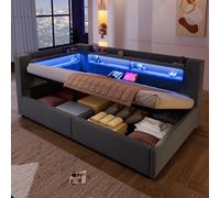 luckdect Canapé Lit 90x200 Gris, Coffre Hydraulique, LED Pilotable Tactile/Appli, Ports USB & USB-C, Banquette Tissu Lin Multifonction, Salon Studio Chambre Ami Bureau, sans Matelas