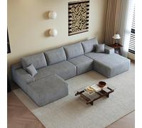 luckdect Canapé Panoramique 5 Places sans Montage, Grand Canapé d'angle Modulable 340 cm en Velours Côtelé Gris, Sofa Lounge Profond Moelleux avec Méridienne pour Salon, Séjour et Loft