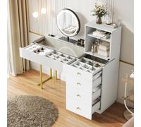 luckdect Coiffeuse avec Miroir LED 3 Couleurs, Table de Maquillage 5 Tiroirs Placard Vitré, Plateau Verre Trempé Pieds Dorés, Protection Anti-Basculement pour Chambre Ado Adulte, Blanc
