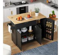 luckdect Cuisine Centrale avec Rangement et étagère à assaisonnements, Support pour Serviettes, 5 Rouleaux, Meuble de Cuisine avec Plan de Travail Pliable, Desserte îlot de Cuisine sur roulettes