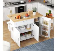 luckdect Cuisine Centrale avec Rangement et étagère à assaisonnements, Support pour Serviettes, 5 Rouleaux, Meuble de Cuisine avec Plan de Travail Pliable, Desserte îlot de Cuisine sur roulettes