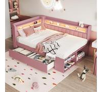 luckdect lit 90x200cm avec Rangements,Port USB & LED,Meuble à Chaussures et 2 Tiroirs Intégrés,Rose(Matelas Non Inclus)