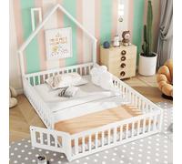 luckdect Lit Cabane Enfant 140x190cm avec Tête de Lit Forme Maison et Cheminée, Barrières de Sécurité Anti-Chute 4 Côtés, Sommier à Lattes Bois Inclus, Structure Pin et MDF Robuste, Blanc