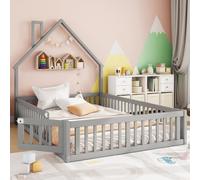 luckdect Lit Cabane Enfant 140x190cm avec Tête de Lit Forme Maison et Cheminée, Barrières de Sécurité Anti-Chute 4 Côtés, Sommier à Lattes Bois Inclus, Structure Pin et MDF Robuste, Gris