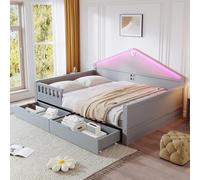 luckdect Lit Cabane Enfant 140x200cm, Canapé lit avec Bande Lumineuse, 2 tiroirs, Barrière et Sommier à Lattes Solide Style, lit Double Enfant pour Chambre de Garçons Filles