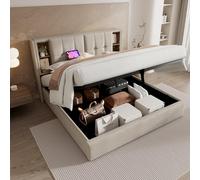 luckdect Lit Double Coffre Rembourré 180 x 200 cm, avec Recharge sans Fil, USB et USB-C, Grand Espace de Rangement sous Lit, Cadre de Lit en Tissu Lin avec Sommier à Lattes, sans Matelas