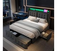 luckdect Lit Double Rembourré 180 x 200 cm Gris Foncé, 4 Tiroirs de Rangement, Lit Coffre avec Tête de Lit LED, 2 Prises + USB + USB-C, Sommier à Lattes Bois et Cadre Métal, sans Matelas