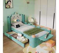 luckdect Lit Enfant 90x200 cm Cabane Nuage, Tiroir Réversible et Tablette Rabattable, LED et Port USB, Lit Simple Rembourré Velours Bleu Canard, Pouf et Barrières de Sécurité Inclus