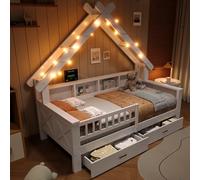 luckdect Lit Enfant cabane 90x200 cm en Bois,éclairage LED,rangements et barrière de sécurité,Blanc